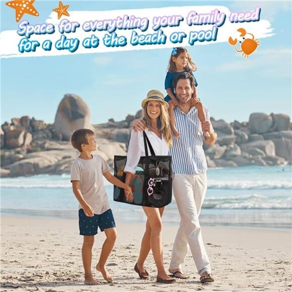 Mesh Beach Bag with Zipper Large Beach Tote Waterproof Sandproof with 8 Pockets - Picture 5 of 7